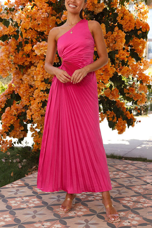 Rowangirl  Fashionable One-Shoulder Hollow Pleated Dress