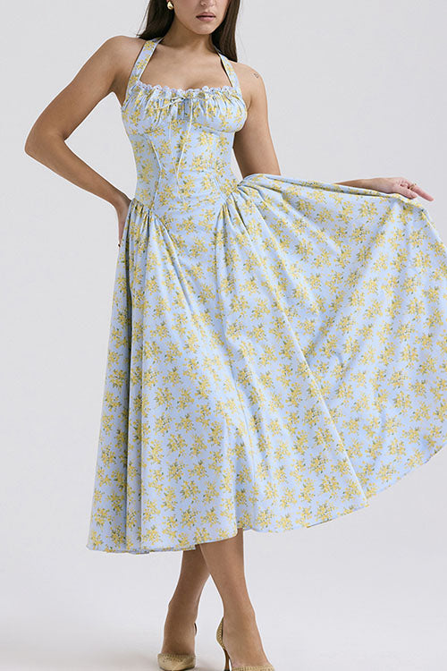 Rowangirl   Fashion Print Halter Neck Lace Dress