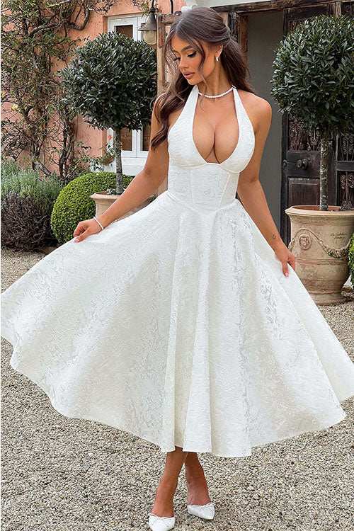 Rowangirl V-Neck Halterneck Sleeveless Jacquard Maxi Dress