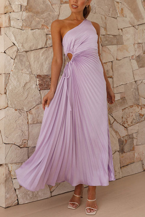 Rowangirl  Fashionable One-Shoulder Hollow Pleated Dress