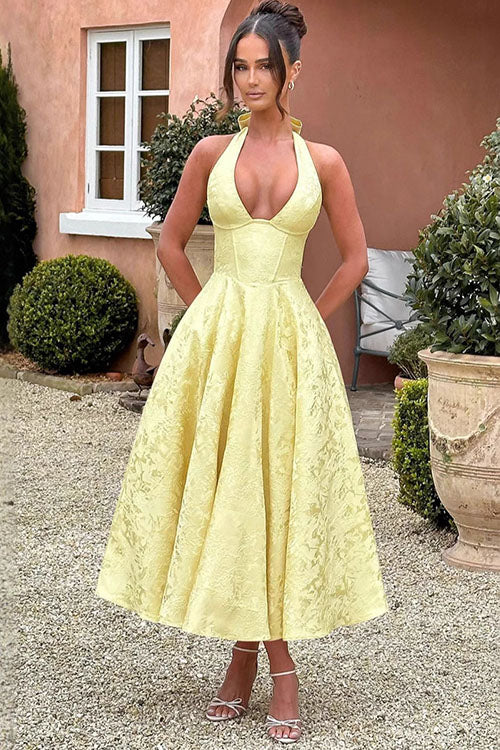 Rowangirl V-Neck Halterneck Sleeveless Jacquard Maxi Dress