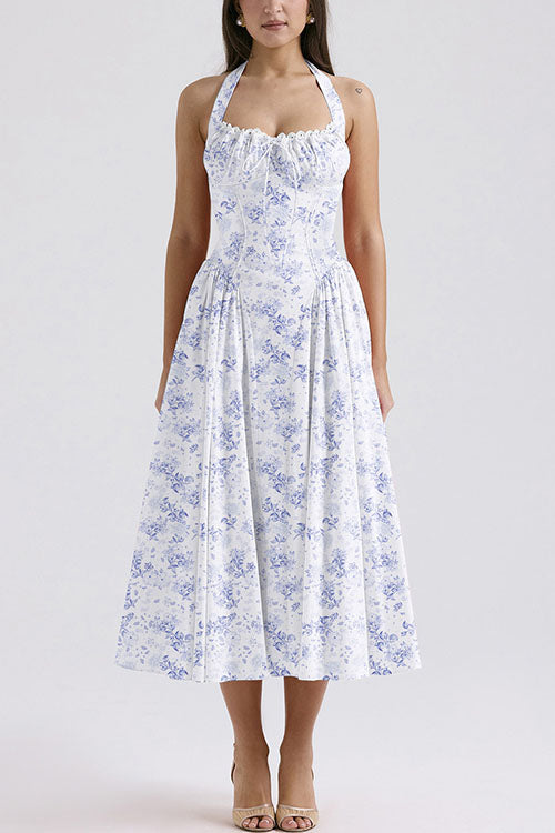 Rowangirl   Fashion Print Halter Neck Lace Dress