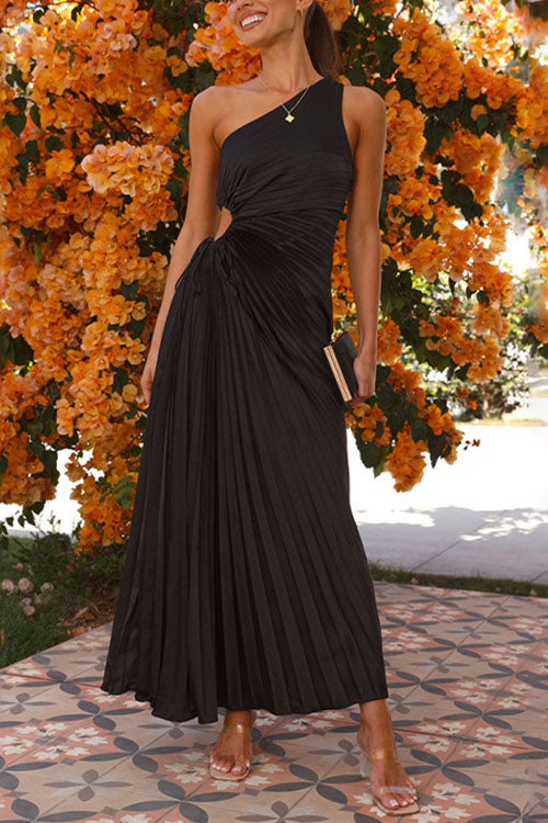 Rowangirl  Fashionable One-Shoulder Hollow Pleated Dress