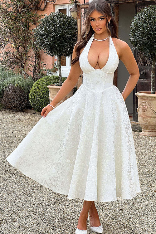 Rowangirl V-Neck Halterneck Sleeveless Jacquard Maxi Dress