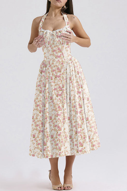 Rowangirl   Fashion Print Halter Neck Lace Dress