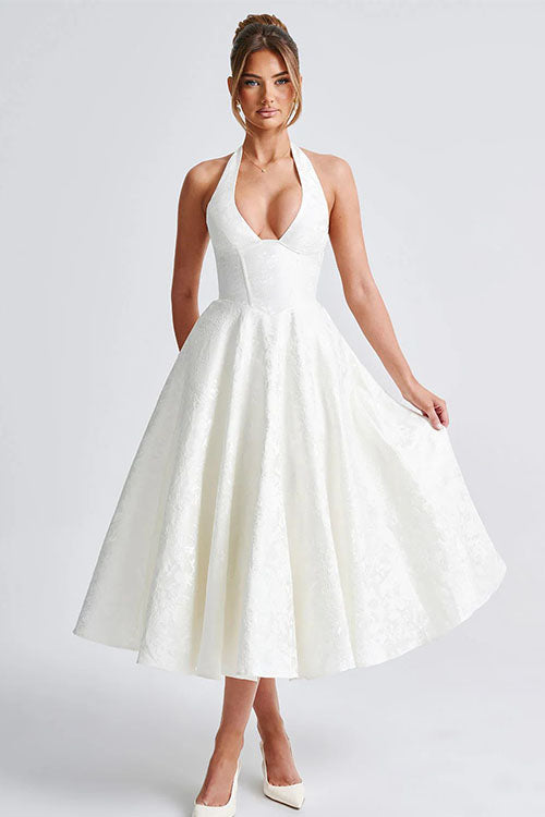 Rowangirl V-Neck Halterneck Sleeveless Jacquard Maxi Dress