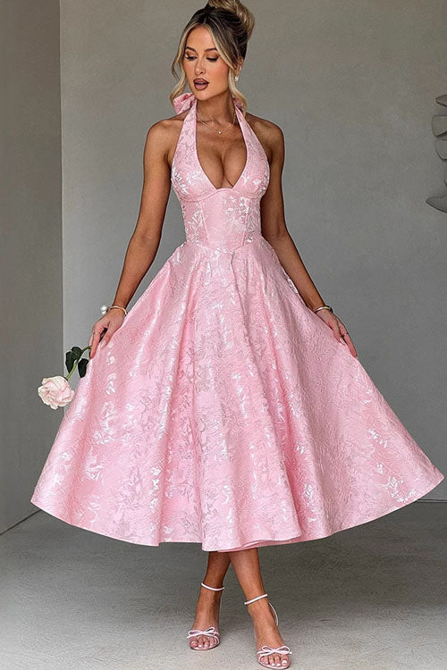 Rowangirl V-Neck Halterneck Sleeveless Jacquard Maxi Dress