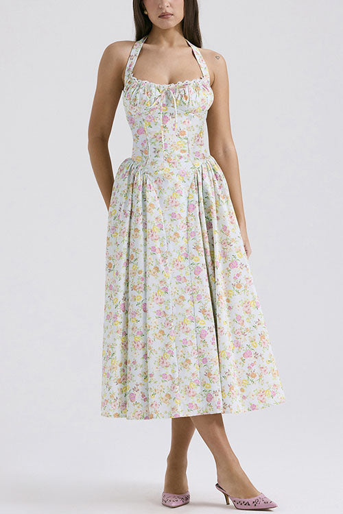 Rowangirl   Fashion Print Halter Neck Lace Dress