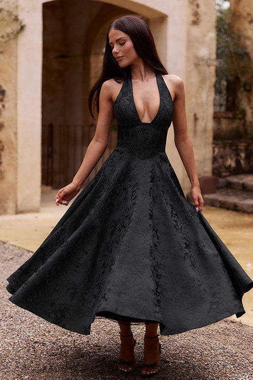 Rowangirl V-Neck Halterneck Sleeveless Jacquard Maxi Dress