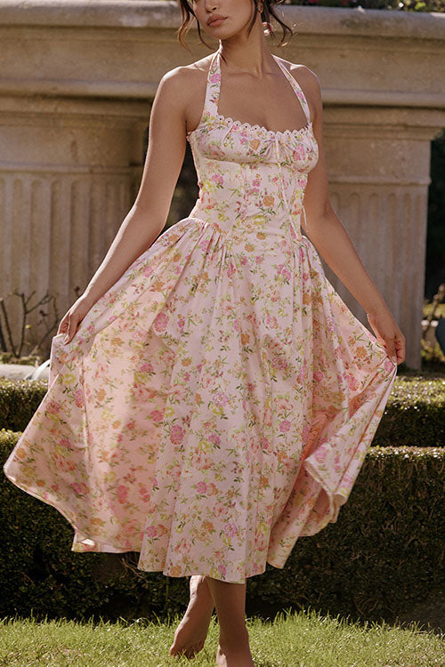 Rowangirl   Fashion Print Halter Neck Lace Dress
