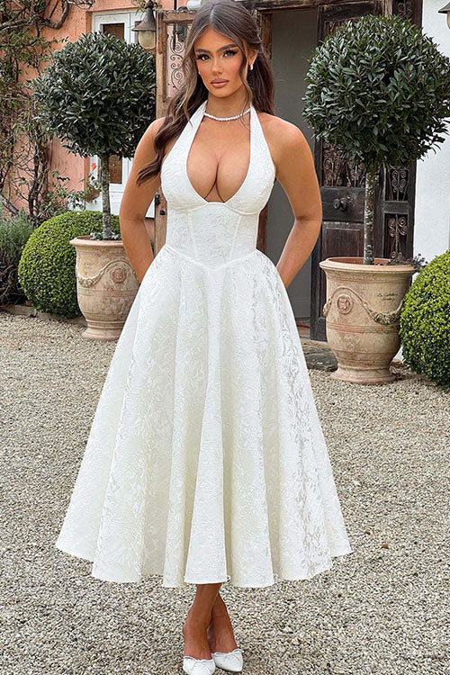 Rowangirl V-Neck Halterneck Sleeveless Jacquard Maxi Dress