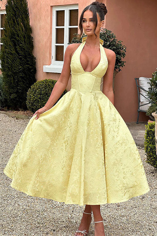 Rowangirl V-Neck Halterneck Sleeveless Jacquard Maxi Dress