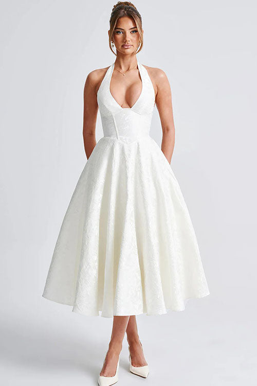 Rowangirl V-Neck Halterneck Sleeveless Jacquard Maxi Dress