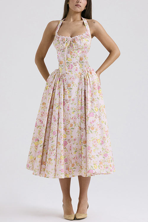 Rowangirl   Fashion Print Halter Neck Lace Dress