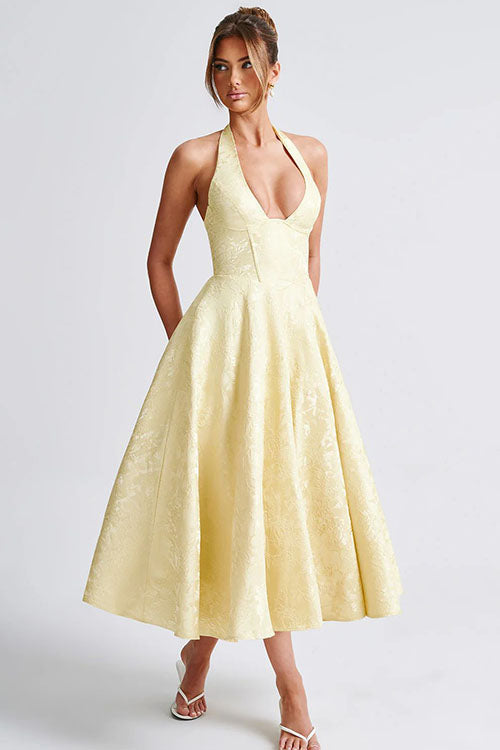 Rowangirl V-Neck Halterneck Sleeveless Jacquard Maxi Dress