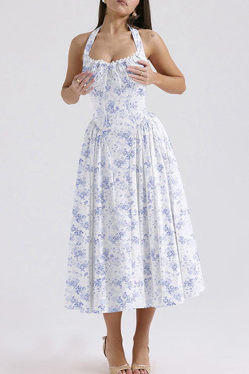 Rowangirl   Fashion Print Halter Neck Lace Dress