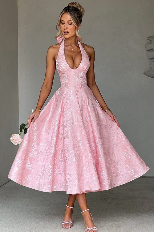 Rowangirl V-Neck Halterneck Sleeveless Jacquard Maxi Dress