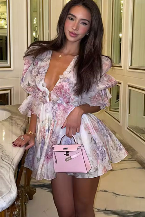 Rowangirl  Ruffled V-neck Lantern Sleeve Printed Dress