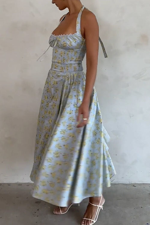 Rowangirl   Fashion Print Halter Neck Lace Dress