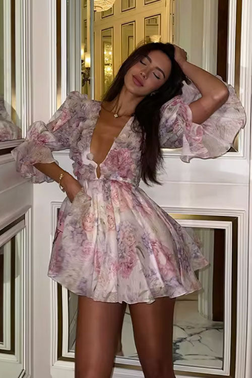 Rowangirl  Ruffled V-neck Lantern Sleeve Printed Dress