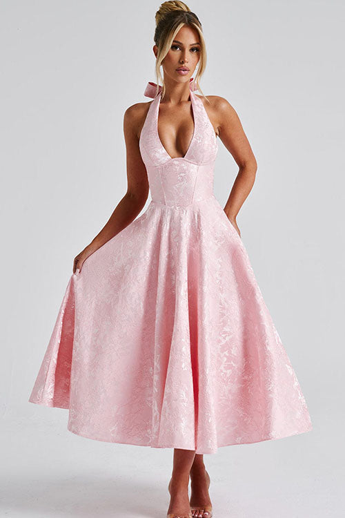 Rowangirl V-Neck Halterneck Sleeveless Jacquard Maxi Dress