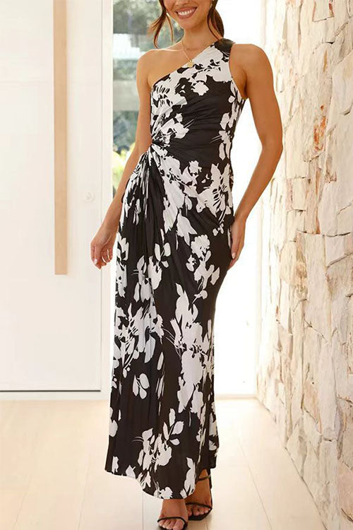 Rowangirl  Elegant Slant Collar Pleated Dress