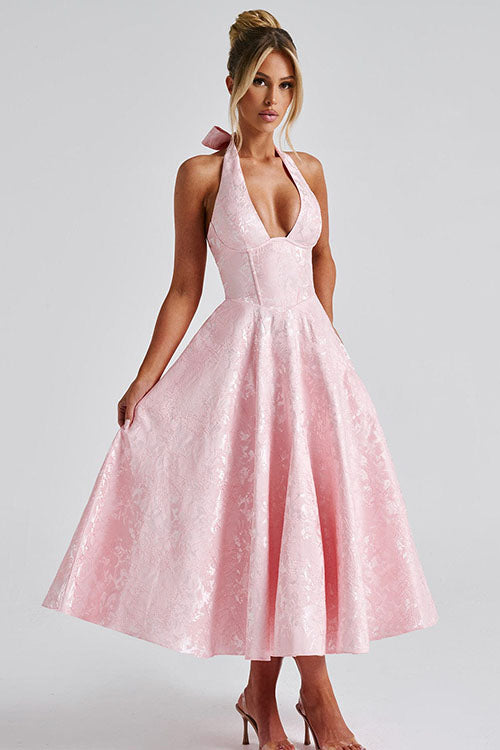 Rowangirl V-Neck Halterneck Sleeveless Jacquard Maxi Dress