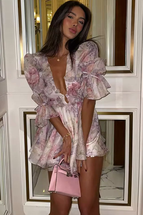 Rowangirl  Ruffled V-neck Lantern Sleeve Printed Dress