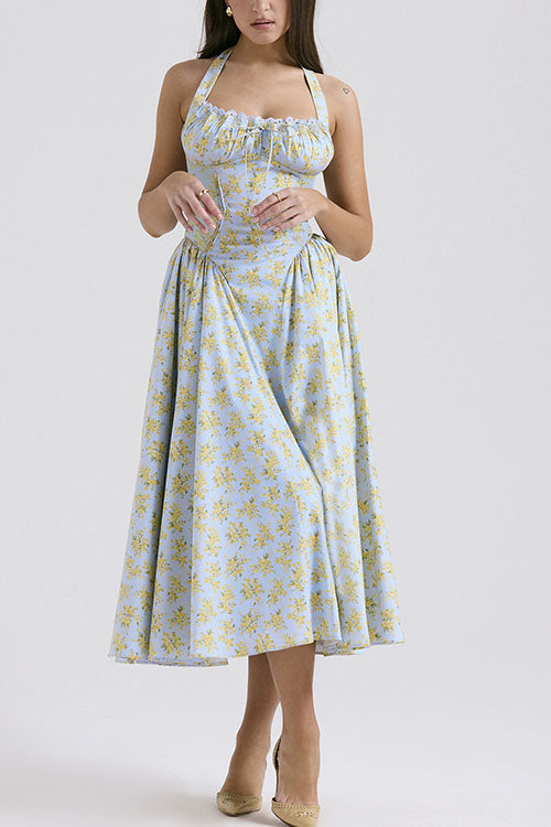 Rowangirl   Fashion Print Halter Neck Lace Dress