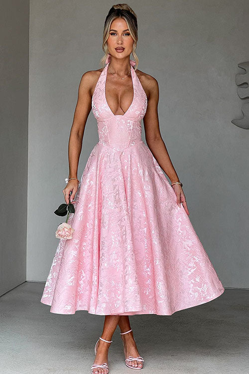 Rowangirl V-Neck Halterneck Sleeveless Jacquard Maxi Dress