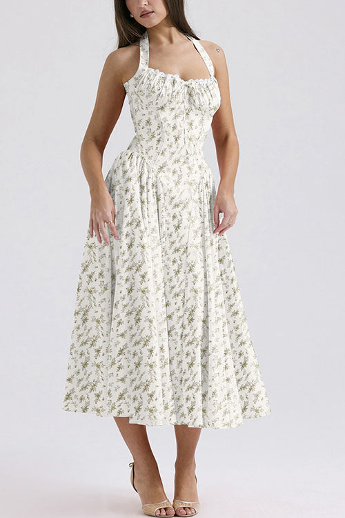 Rowangirl   Fashion Print Halter Neck Lace Dress