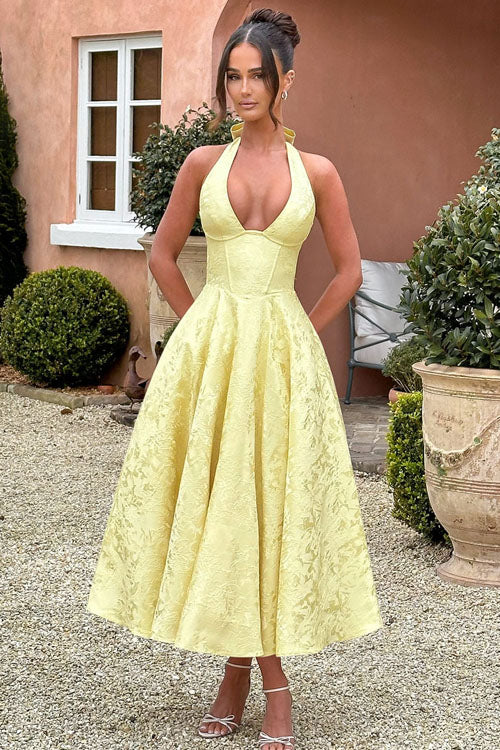 Rowangirl V-Neck Halterneck Sleeveless Jacquard Maxi Dress