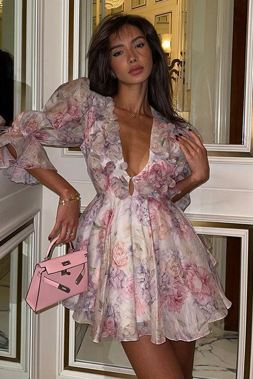 Rowangirl  Ruffled V-neck Lantern Sleeve Printed Dress