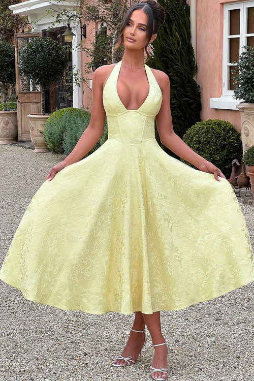 Rowangirl V-Neck Halterneck Sleeveless Jacquard Maxi Dress