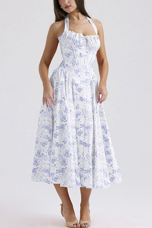 Rowangirl   Fashion Print Halter Neck Lace Dress