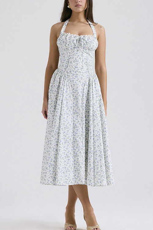 Rowangirl   Fashion Print Halter Neck Lace Dress