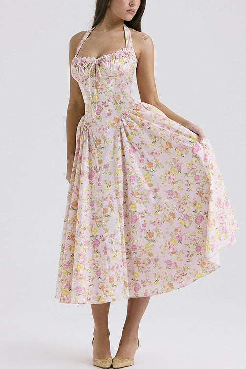 Rowangirl   Fashion Print Halter Neck Lace Dress