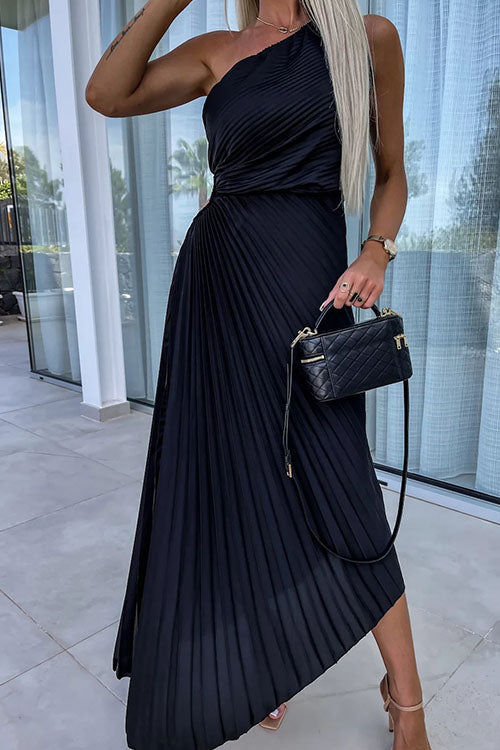 Rowangirl  Elegant Slant Collar Pleated Dress