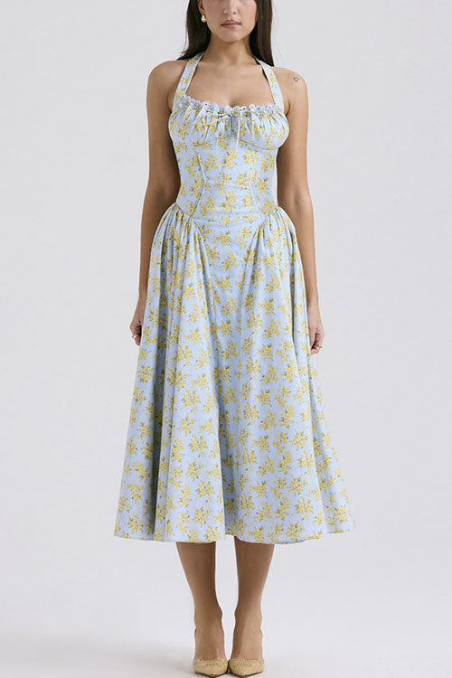 Rowangirl   Fashion Print Halter Neck Lace Dress