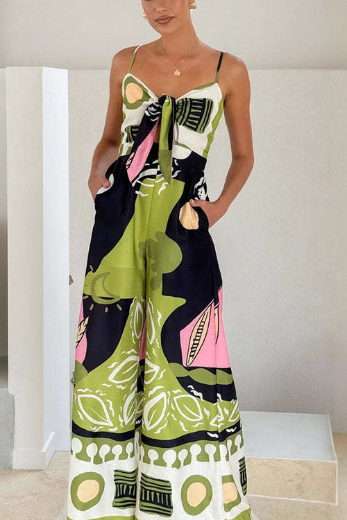 Rowangirl Printed Suspenders And Bow Jumpsuit