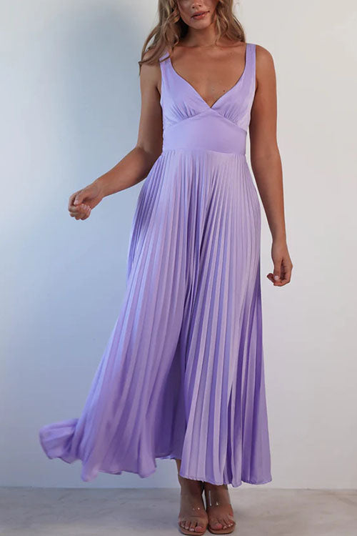 Rowangirl  Solid Color Pleated Sexy V-neck Suspender Dress