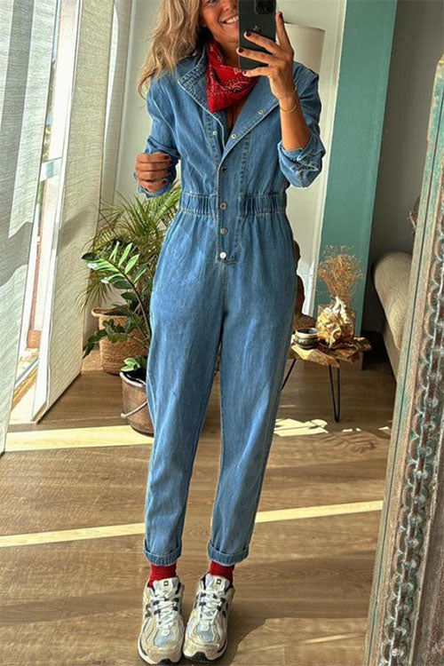 Rowangirl  Long-sleeved Denim Fashion Jumpsuit