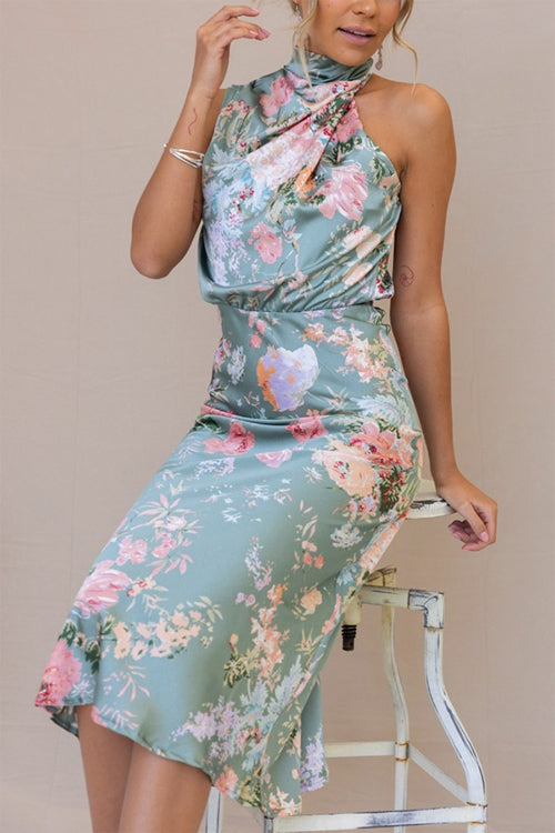 Rowangirl Fashionable Sleeveless Halter Neck Printed Satin Dress