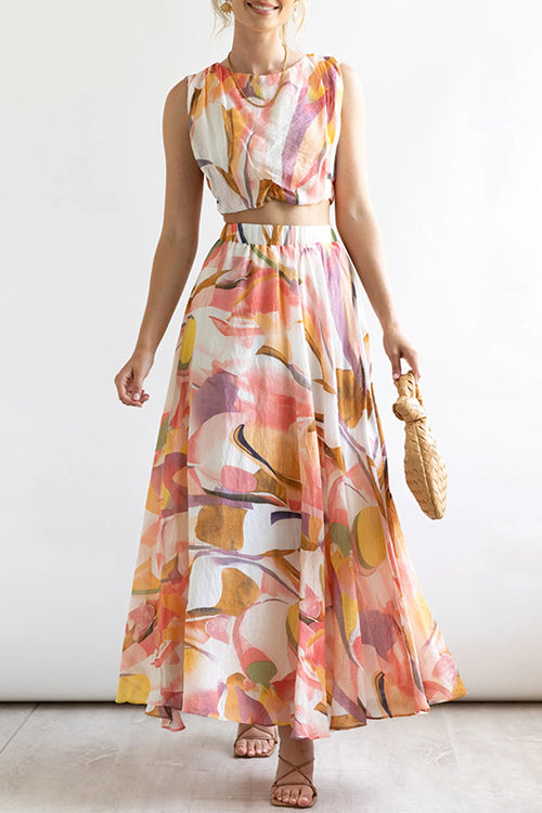 Rowangirl Fashion Chic Round Neck Sleeveless Printed Top + Printed Long Skirt Two-piece Set