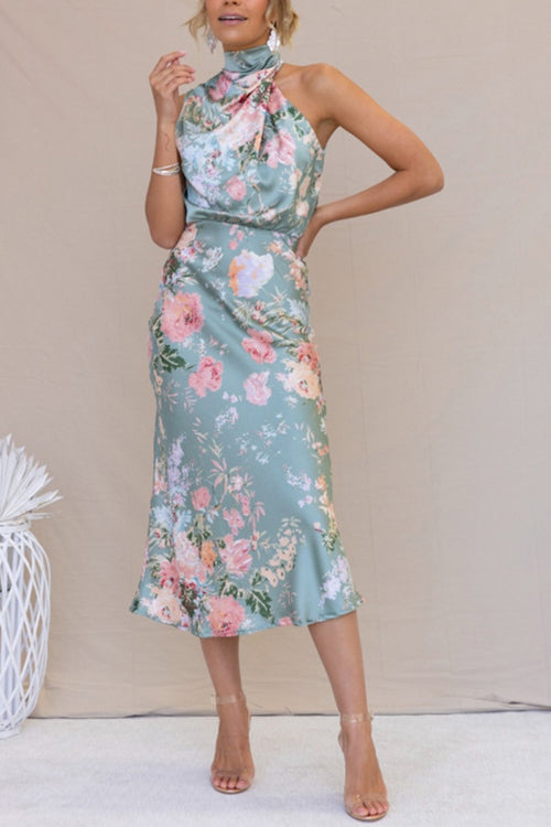 Rowangirl Fashionable Sleeveless Halter Neck Printed Satin Dress