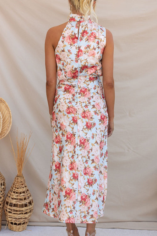 Rowangirl Fashionable Sleeveless Halter Neck Printed Satin Dress