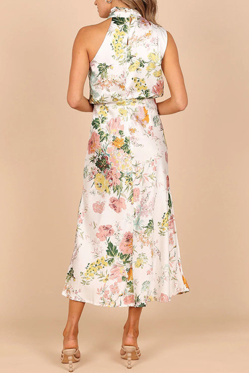 Rowangirl Fashionable Sleeveless Halter Neck Printed Satin Dress