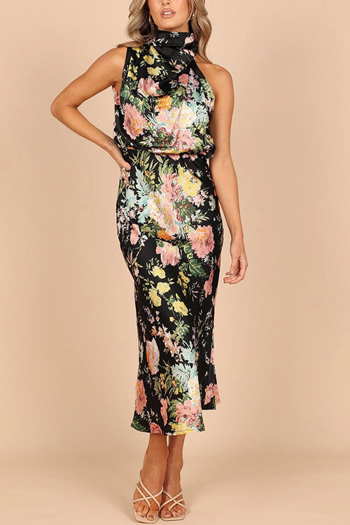Rowangirl Fashionable Sleeveless Halter Neck Printed Satin Dress