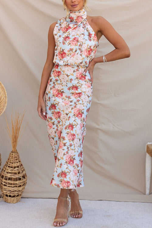 Rowangirl Fashionable Sleeveless Halter Neck Printed Satin Dress