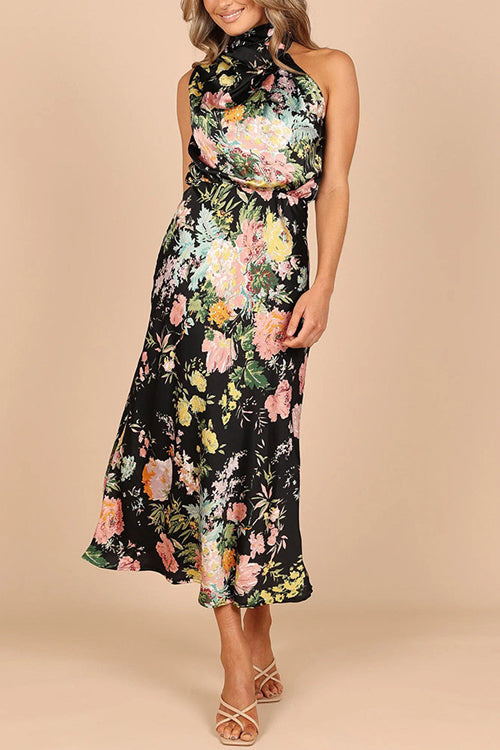 Rowangirl Fashionable Sleeveless Halter Neck Printed Satin Dress